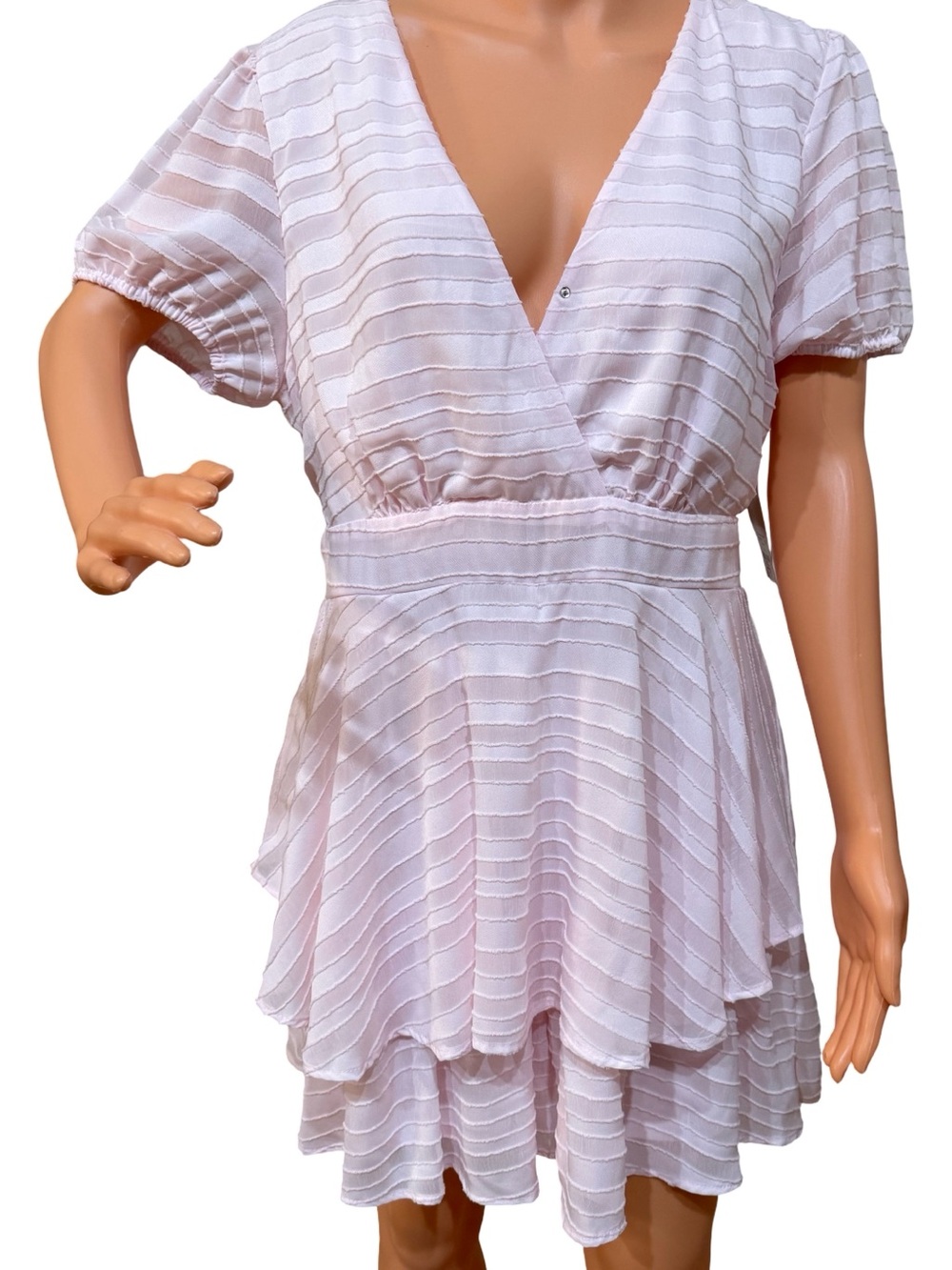 Francesca's Collections Light Pink Striped Tiered V-Neck Dress